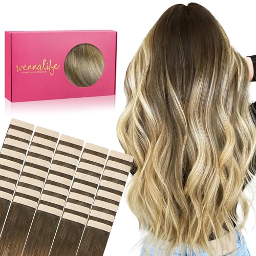 Image of WENNALIFE Tape in Hair Extensions Human Hair, 40pcs 120g 26 inch Ombre Walnut Brown to Ash Brown and Bleach Blonde Hair Extensions Real Human Hair Straight