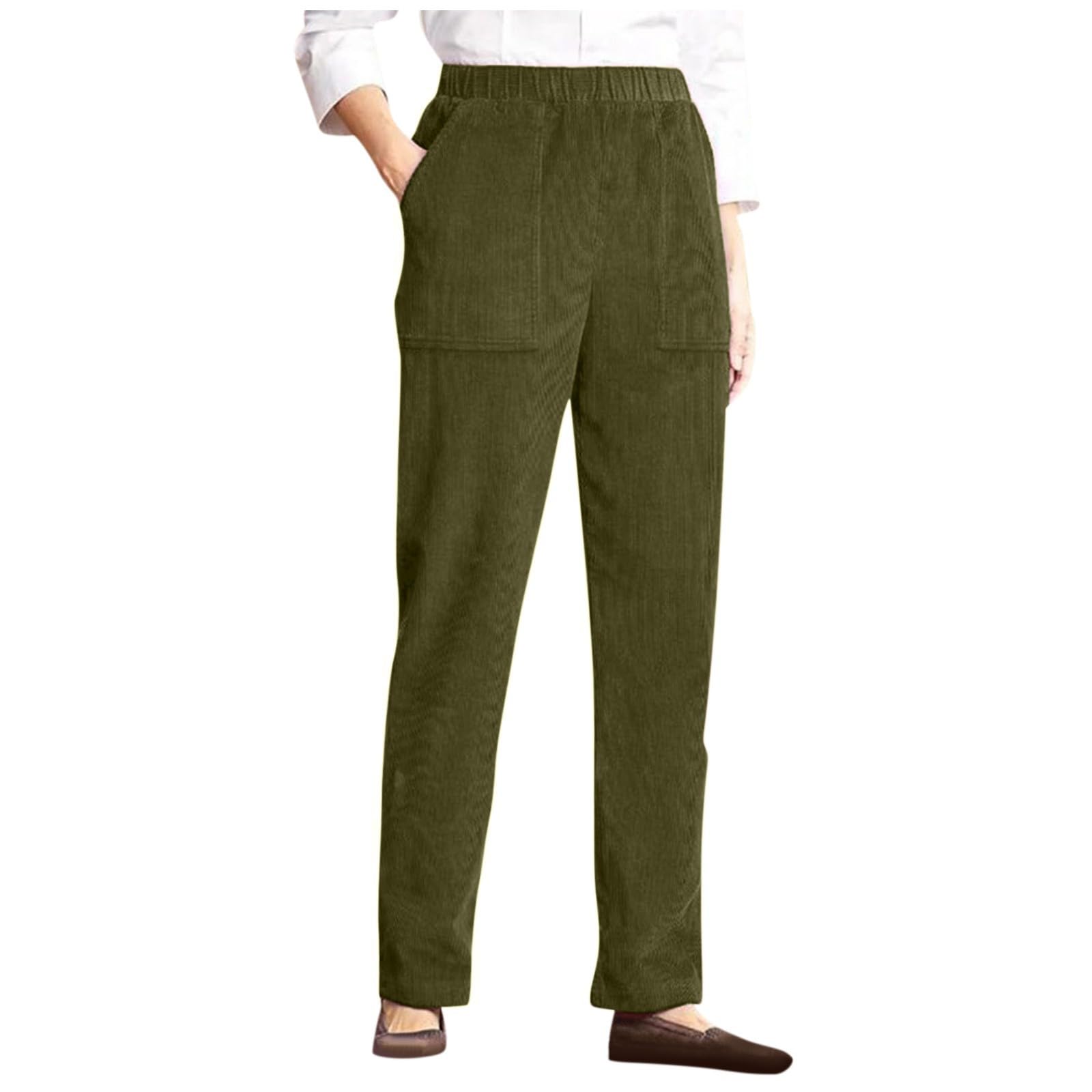 Womens Corduroy Pants Comfy Elastic High Waisted Corduroy Pants with Pockets Pull On Straight Leg Work Trousers