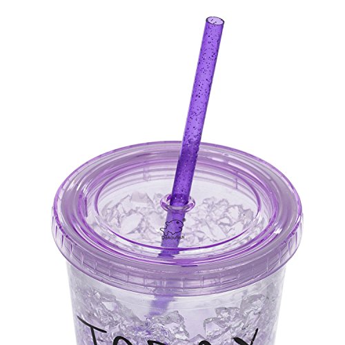 Dakoufish Bpa-Free 12 Piece 9 Inch Reusable Clear Plastic Glitter Sparkle Drinking Straw Plus One Cleaning Brush (Purple,9Inch) #TOP4