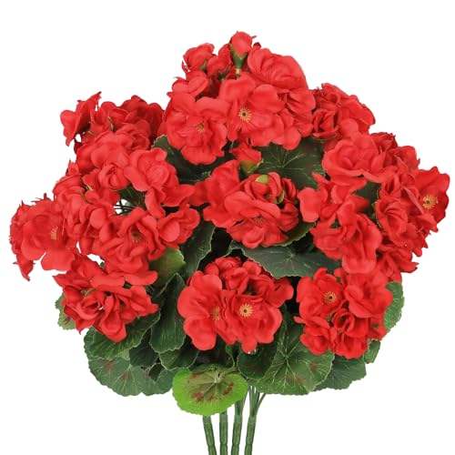 Artificial Flowers for Outdoors, 4 Pack Red Geraniums Silk Flowers UV Resistant No Fade Faux Flowers Geraniums Bush for Home Outdoor Garden Porch Window Vase Wedding Decor (Red) image 7