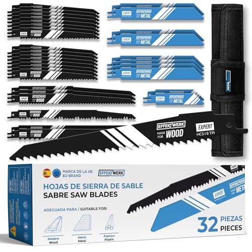 Effektwerk Hojas de sierra de sable (32 piezas), juego de hojas de sierra de repuesto de acero de carburo, sierras de sable HCS y bimetálicas para madera, metal y plástico