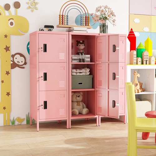 Image of Aobabo Metal Locker, 16 inch W 3 Door Metal Storage Lockers for Employees with Lock and Name Card Holder for School, Home, Office, Playroom, Assembly Required, Pink