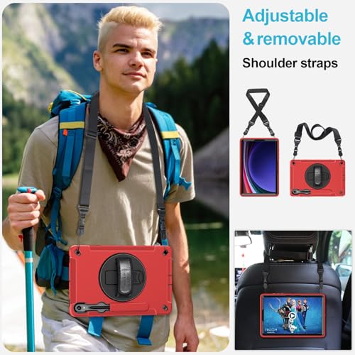 Image of Case for Galaxy Tab S10 FE &S9 FE 10.9 inch /S9 11 Inch: TPU Cover for Samsung Tablet S10 FE / 2025 / S9 FE & S9 2023 5G with Screen Protector- Stand- Handle-Shoulder Strap-S-Pen Holder-Red