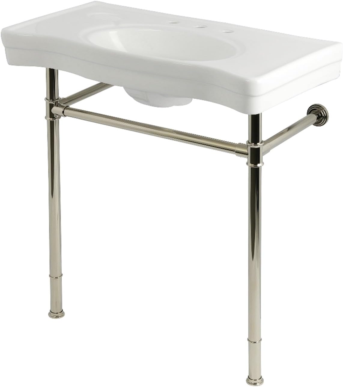 Kingston Brass KVPB36198W86 Imperial 36" Ceramic Console Sink with Stainless Steel Legs (8-Inch, 3-Hole), White/Polished Nickel