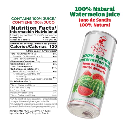 Image of Elephant World 100% Natural Watermelon Juice | Jugo de sandia 100% natural | NON GMO | 10.8 oz (Pack of 6), Watermelon