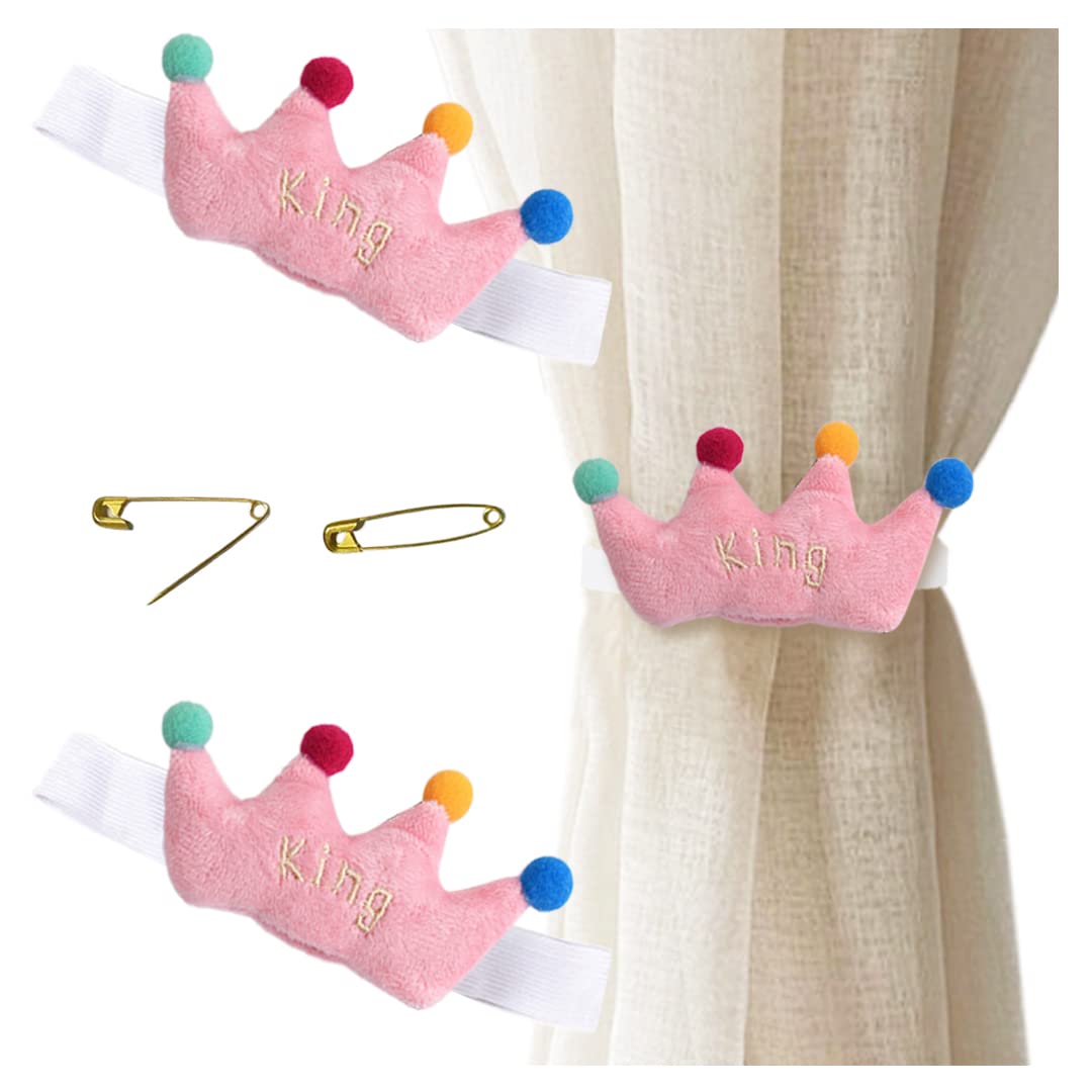 2 Pcs Plush Crown Curtain Tiebacks Cartoon Crown Curtain Holder Curtain Tie Backs Draperies Holdbacks for Nursery Kid Bedroom Pink