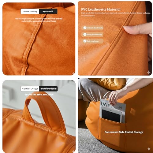 Image of Luxury 5XL Jumbo Bean Bag with Footrest & Cushion | Premium Leatherette | High-Density Beans Filled | Heavy Duty Double Stitch | 6 Months Warranty Color- (Navy Blue) (Orange)