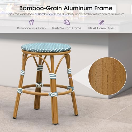 Image of PURPLE LEAF Patio French Round Counter Stool 26 inch Set of 2 Large Seat Backless Handwoven Wicker Rattan Barstools Bamboo Finish Aluminum Frame for Indoor Outdoor Bistro Cafe Soft Blue