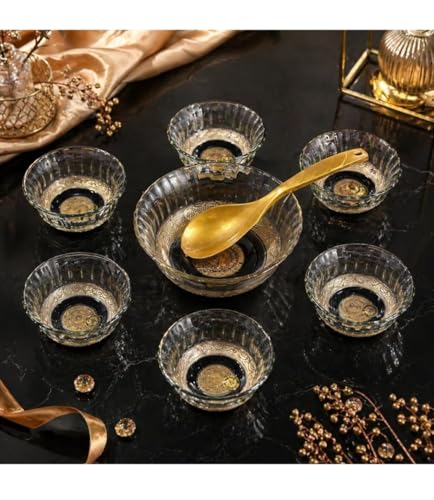 Image of Nazrana Glass Pudding Set, Clear with Gold Design, 8 Piece, 6 Small Bowls, 1 Large Bowl & 1 Serving Spoon, Gift Box