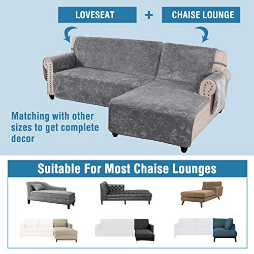 H.versailtex 100% Waterproof Sofa Chaise Protector Premium Velvet Right-Arm Chaise Lounge Slip Cover For Dogs 120X36 Inch Classic Flower Pattern Furniture Protector Non-Slip With Elastic Strap, Grey #TOP4