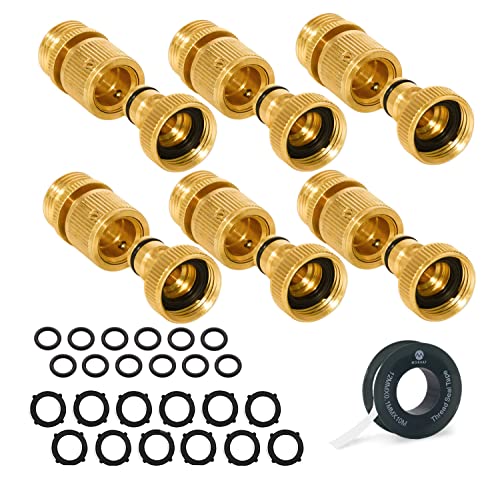 Morvat Hose Quick Connecter Solid Brass Leak Proof 3/4 Inch GHT Thread Fitting, Water Garden Male Quick Connecter & Female Product Adapter Heavy-Duty Rust Proof Includes Teflon Tape & Washers,...