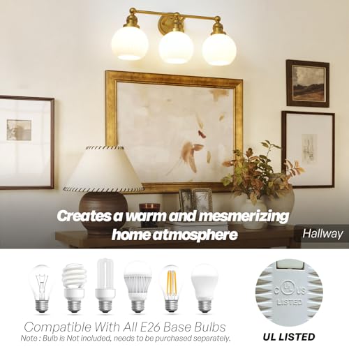 Image of 3-Lights Bathroom Light Fixtures, Vintage Milk White Glass | Hardwired Gold Wall Mounted Lamp for Bathroom Mirror to Elevate Decor & Refresh Older Home's Look,DIY-friendly,UL,E26