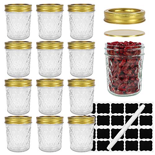 6 oz Glass Mason Jars with Regular Gold lids, Glass Diamond Canning Jars for Jam & Jelly, Honey,Decor. Set of 12 Pack. Include 1 Pen and 20 Chalk Labels.