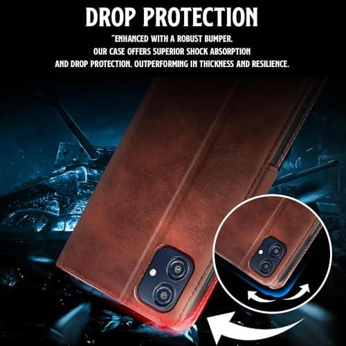 Image of WOW IMAGINE Shock Proof Flip Cover Back Case for Samsung Galaxy M04 | F04 | A04e (Magnetic Button Flip Case | Wallet Pockets & Stand | Leather Finish | Coffee)