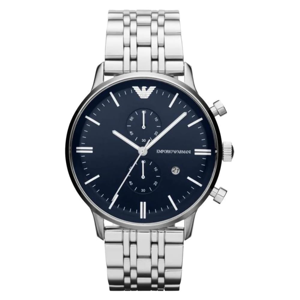 Emporio Armani Orologio da uomo, Movimento cronografo a 2 quadranti secondari e cassa da 43 mm con cinturino in acciaio inossidabile, pelle o silicone