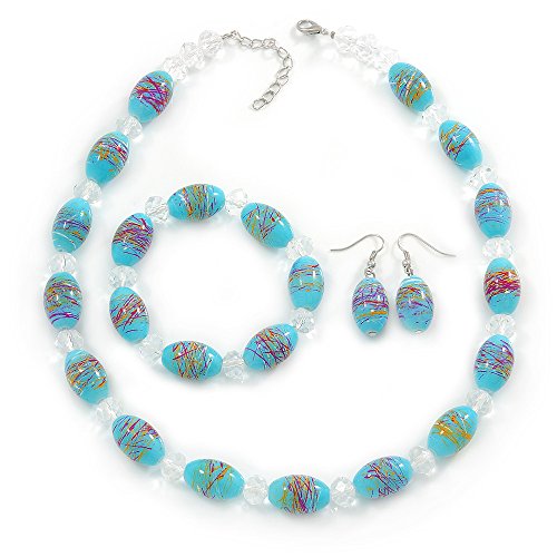 Juego de collar de cuentas de uvas de cristal azul claro con pulsera flexible y pendientes