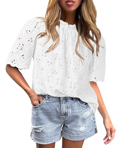 BETTE BOUTIK Womens Lace Tops 2025 Trendy Long Short Sleeve Eyelet Embroidered Dressy Casual Blouse Shirts