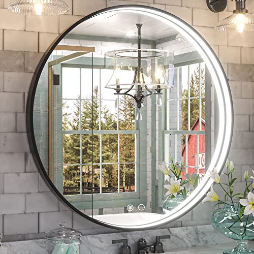 Keonjinn Round Led Mirror, 36 Inch Lighted Bathroom Round Mirror, Wall Mounted Black Metal Framed Frontlit Circle Vanity Mirror With Lights, Dimmable Anti-Fog Round Makeup Mirror, 6000K Cri 90+ #TOP9