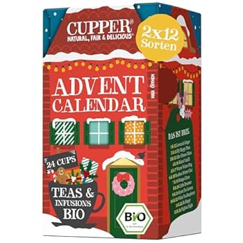 Cupper Bio Tee Adventskalender 2025 Geschenk Weihnachten Weihnachtskalender ohne Schokolade mit 24 Teebeuteln 2x12 Sorten zwei