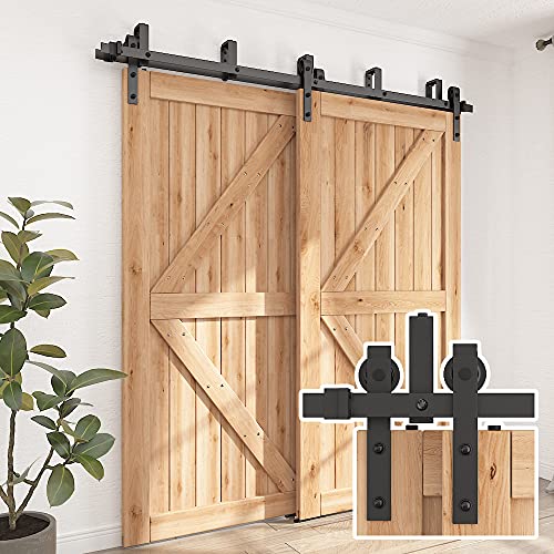 40% Off Discount skysen 12FT Low Ceiling Heavy Duty Sliding Barn Door Hardware Double Track Bypass Double Door Kit Black(Bypass J Shape-2)