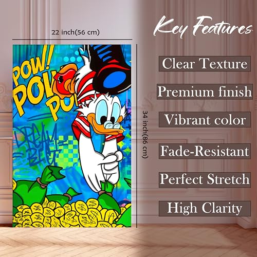 Image of Pop Art Cartoon Duck Money Wall Painting | Comic Graffiti Style Stretched Canvas Art Print| Modern Street Wall Art for Home & Office, 56x86 cm