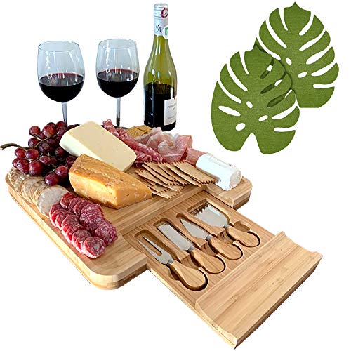 Bamboo Cheese Board and Knife Set, Wooden Cheese Server Tray with Utensils, Cheese