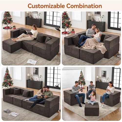 Image of MONVANE 103'' Modular Sectional Sofa, Comfy Teddy Velvet Cloud Couch with Ottoman, Modern Convertible L Shaped Couch with Deep Seat, Sectional Couches for Living Room, Bedroom and Apartment, Brown