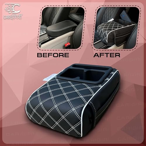 Image of Carigiri Nappa Leatherette,Foam ComfiRest Pro Car Armrest Cushion with Cup Holder| Arm Cushion| Universal for All Cars| Armrest with Mobile Holder (White,Utility Pockets,Dual Cup Holder,Mobile Holder)