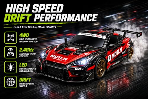 Image of 1:16 Scale RC Drift Car, 2.4GHz Remote Control Racing Car, 4WD High Speed with LED Lights, Proportional Throttle, Extra Drift Wheels for Kids & Adults