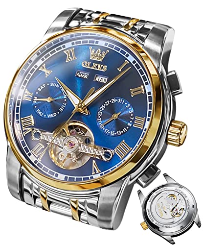 OLEVS Herrenuhren Automatik Blau Mechanische Armbanduhr mit Tourbillon Kalender Wasserdicht Leuchtende Zweifarbige Uhren Männer