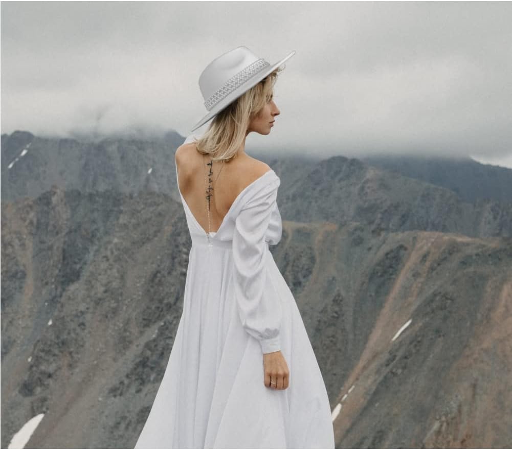 Womens Wide Brim Fedora Hat with Pearl Band Lady Panama Hat - Image 7