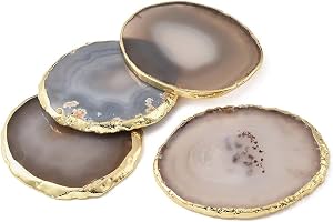 Set de 4 posavasos de ágata natural Blueshyhall para bar, cerveza, café, té, posavasos de rodajas de ágata blanca con borde chapado en oro para decoración del hogar