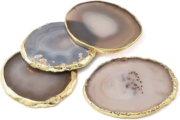 Set de 4 posavasos de ágata natural Blueshyhall para bar, cerveza, café, té, posavasos de rodajas de ágata blanca con borde chapado en oro para decoración del hogar