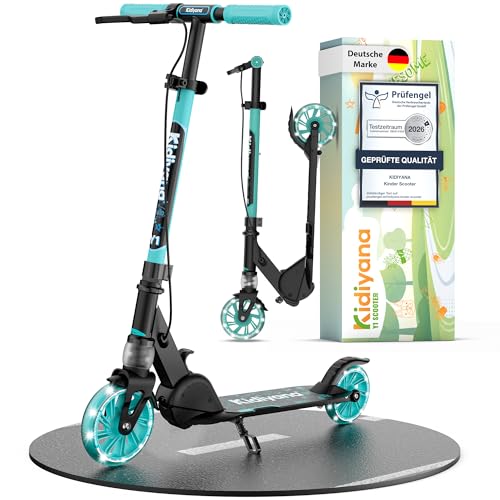 Kidiyana Kinderroller Scooter ab 5 Jahren bis 50 kg – Tretroller für Jungen & Mädchen mit 120 mm PU-Leuchträdern, ABEC-5 Kugellager, Handbremse & Stoßdämpfung, klappbar & höhenverstellbar