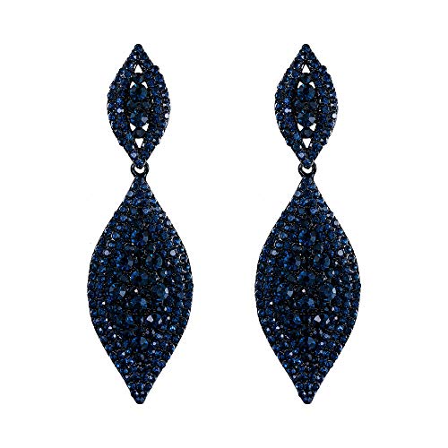 EVER FAITH Boucles d'Oreilles Pendentif Femme Double Feuilles Fantaisie Fastueux Bijoux Mariage Cristal Strass Fond Noir Bleu