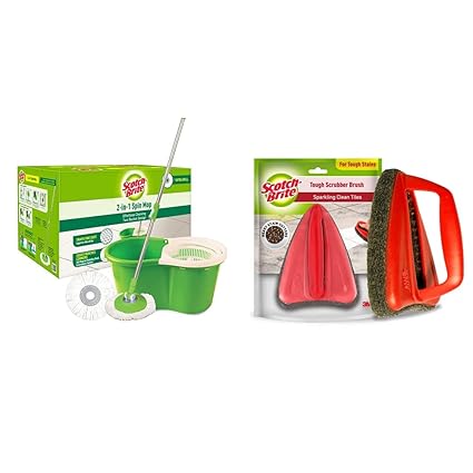 Scotch-Brite 2-in-1 Bucket Spin Mop (Green, 2 Refills) and Scotch-Brite Bathroom Scrubber Brush - Tough (Brown)