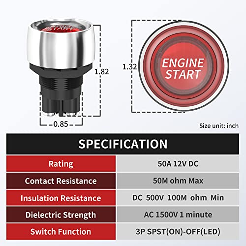 Rvboatpat 12Vdc 50A Engine Start Ignition Switch 3 Pin Spst Push Button Starter Switch Momentary 12 Volt 50 Amp Red Led For Marine Vehicle Racing Car Truck Rv #TOP1