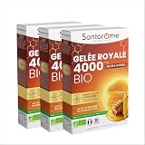 Santarome   Gelée Royale 4000mg Bio   Complément alimentaire immunité   Fortement dosé en Gelée Royale Bio 4000mg   Lot de 3 x 10 ampoules   Made In France