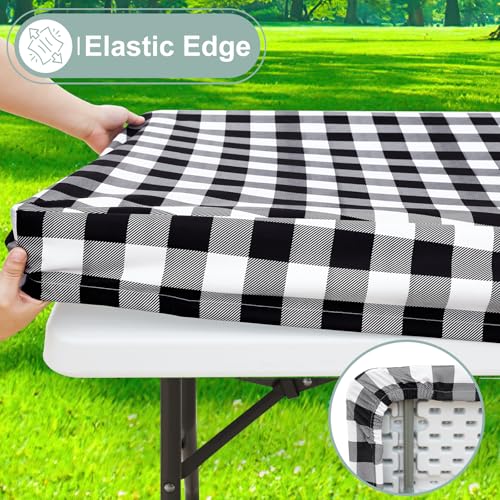 Image of misaya Picnic Table Cover with Bench Cover, Waterproof Elastic Fitted Tablecloth for 6 Foot Tables, Rectangle Washable Polyester Fabric Tablecloths for Picnic, Camping(Black and White, 30 inch x 72 inch)