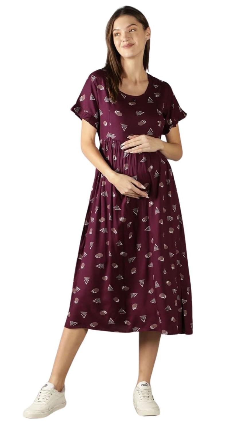 khejal Women's Cotton Round Neck Short Sleeves Printed Maternity Kurti with Feeding Zipper-picture-30