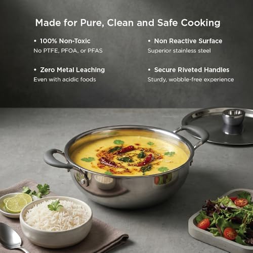 Image of Meyer Trivantage Pro Stainless Steel Triply Kadai | Deep Steel Kadhai with Lid | Stainless Steel Cookware with Induction Base | 24cm /3.6L