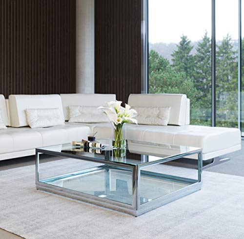 Limari Home Eduard Collection Modern Style Living Room Clear Glass Top Square Coffee Table With Polished Stainless Steel Frame, Silver #TOP13