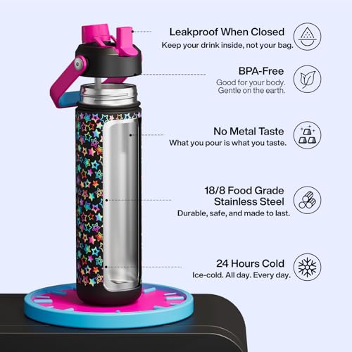 Image of ENCOOL Insulated Water Bottle with Straw Stainless Steel Water Bottle, Glow in the Dark, Leak-Proof, BPA-Free, Keeps Cold for 24 Hours for Sports, Travel, School (26 oz, Neon Starfall)