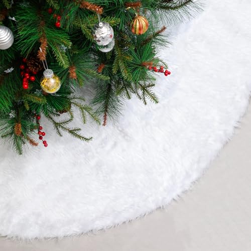 Christmas Tree Skirt, 31 Inch Faux Fur Plush Xmas Tree Skirt Christmas Decorations Tree Base Mat, Holiday Tree Ornaments for Christmas Home Decorations, Xmas Party Holiday Decorations, Snow White