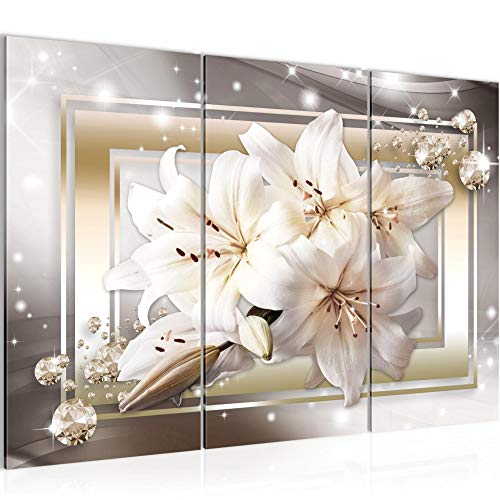 Runa Art Fiori Gigli Quadri Soggiorno Grande Beige Marrone Diamante 120 x 80 cm 3 Pezzi Decorazione Murale 021731a