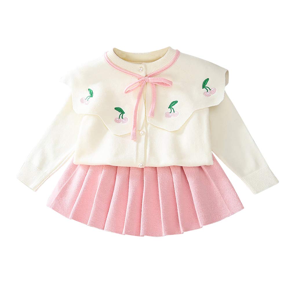 OBEEII Girls Fall Outfits Baby Toddler Long Sleeve Knitted Cherry Sweater Cardigan Ruffled Pleated Skirt Cute Sweater Dress Christmas Wedding Party Gala Celebration Pink Cherry 4-5T