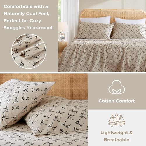 Comfort Spaces 100% Cotton Sheets Twin, Breathable, Naturally Cool Cotton Sheets, Soft Cotton Bed Sheets with 12" Elastic Pocket Fits up to 14" Mattress, All Seasons Sheet Set, Bow Black/Taupe 3 Piece