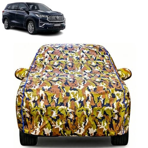 Image of Waterproof Car Body Cover for Toyota Innova Hycross with Mirror Pocket| Cotton Inner Lining | Triple Stitched | All Weather Protection | Dust, UV & Rain Proof (Camouflage with Blue Piping)