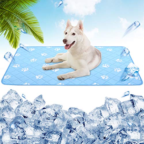PUPTECK Anti-Slip Dog Self Cooling Mat - Ice Silk Large Cooling Pad for Dogs in Summer, Super Absorbent Washable Dog Pee Pad, Blue, Bottom Waterproof Protection Floor