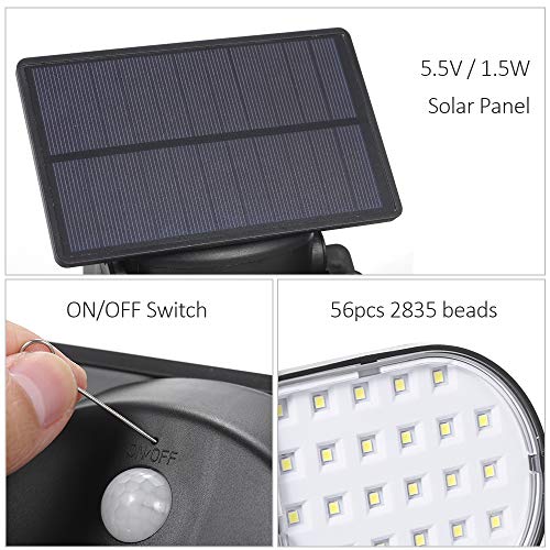 Leeofty 56led Solar Powered Lights com Cabeças Duplas Ajustáveis 360 Graus Rotativo PIR Sensor de Mo